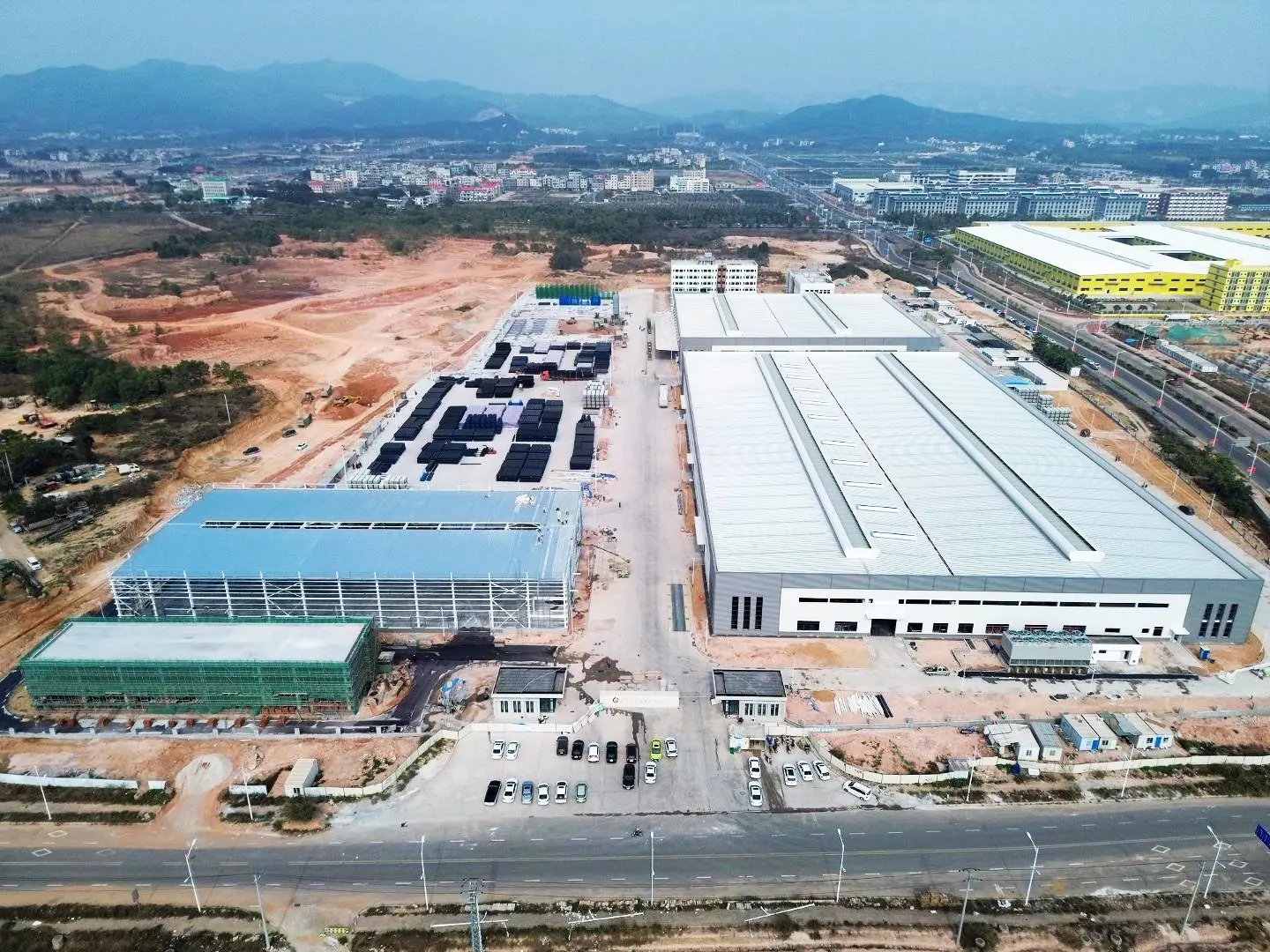 Aerial View of Mega-Scale Prefabricated Steel Structure Industrial Workshop Park