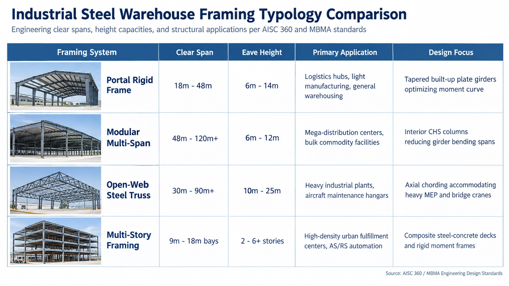 Comparative engineering matrix of industrial steel warehouse framing typologies spans and design standards