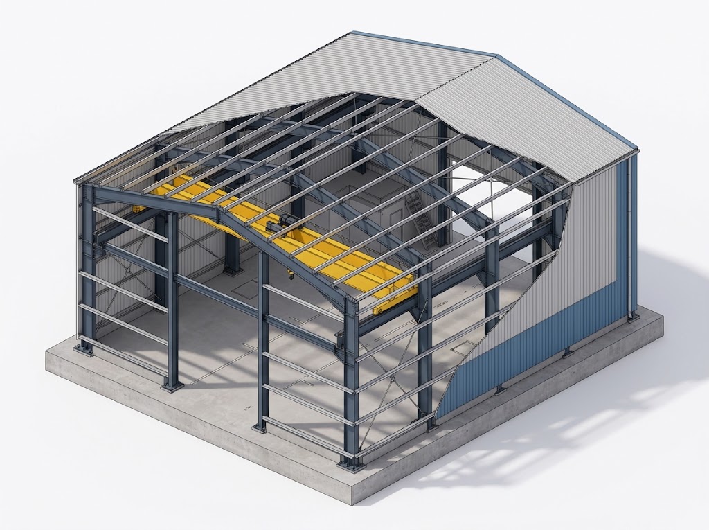 3D Cutaway Diagram of Prefabricated Steel Structure Workshop with Overhead Crane and Corbels