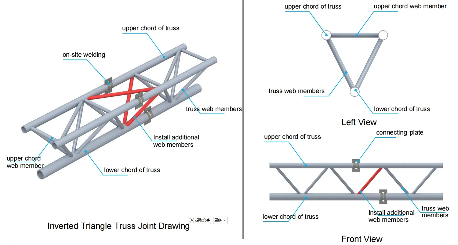 Technical drawing of inverted triangle truss joint