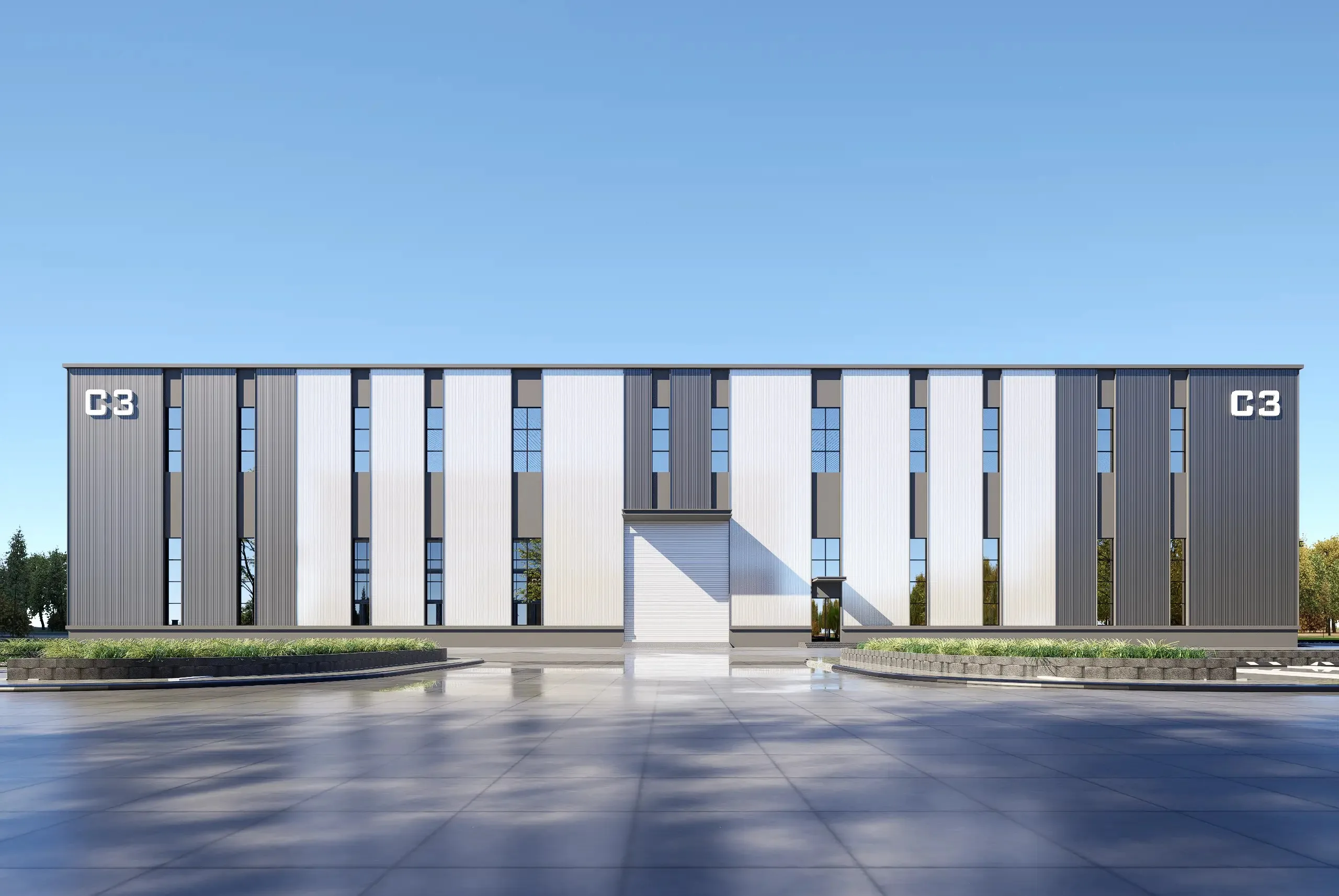 Front facade 3D rendering of the modern steel warehouse