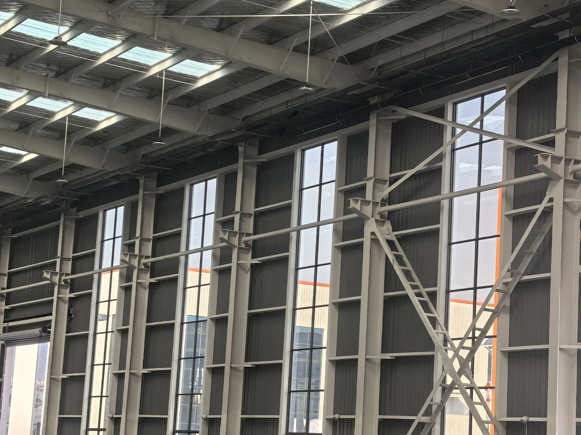 Detailed view of steel columns and wall bracing