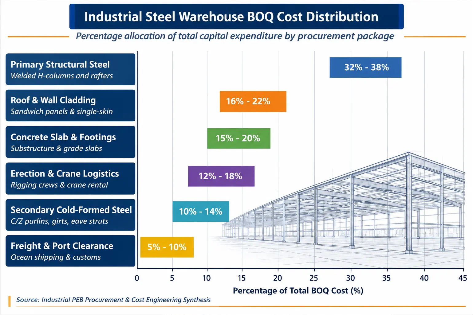 Bill of quantities BOQ cost percentage distribution for prefab steel structure warehouse construction