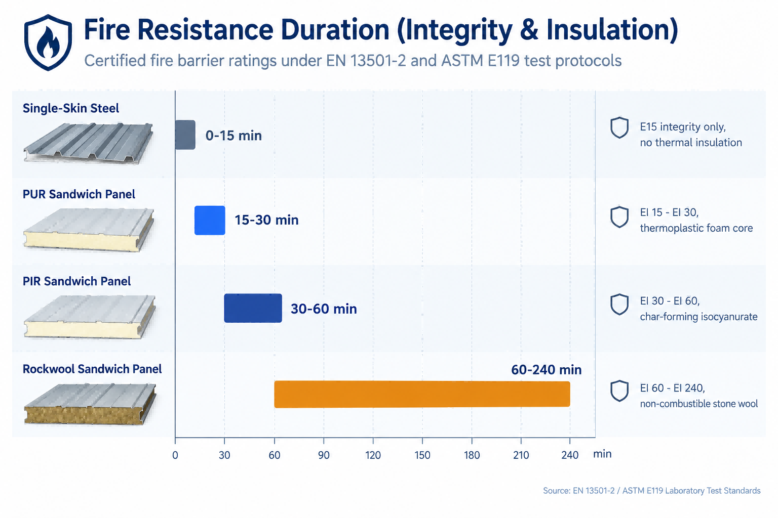 Range chart comparing fire resistance integrity and insulation duration in minutes across single-skin steel, PUR, PIR, and Rockwool sandwich panels