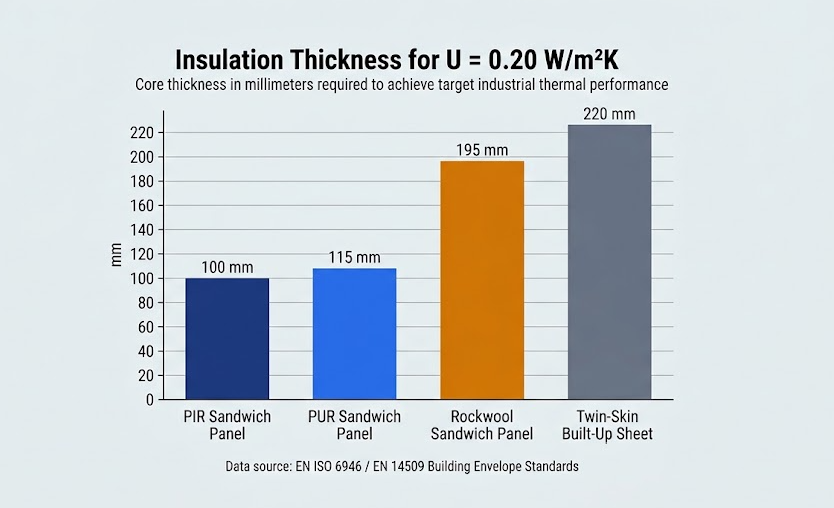 Bar chart comparing required panel thickness in millimeters to achieve U-value 0.20 W/m2K for PIR, PUR, Rockwool, and built-up single-skin systems