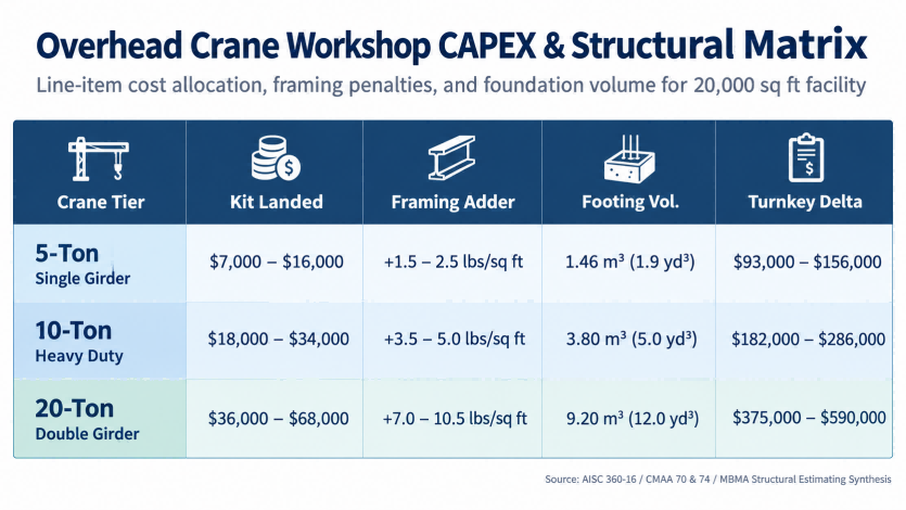Matrix comparing equipment cost, steel framing weight penalty, foundation volume, and turnkey CAPEX delta for 5T, 10T, and 20T cranes