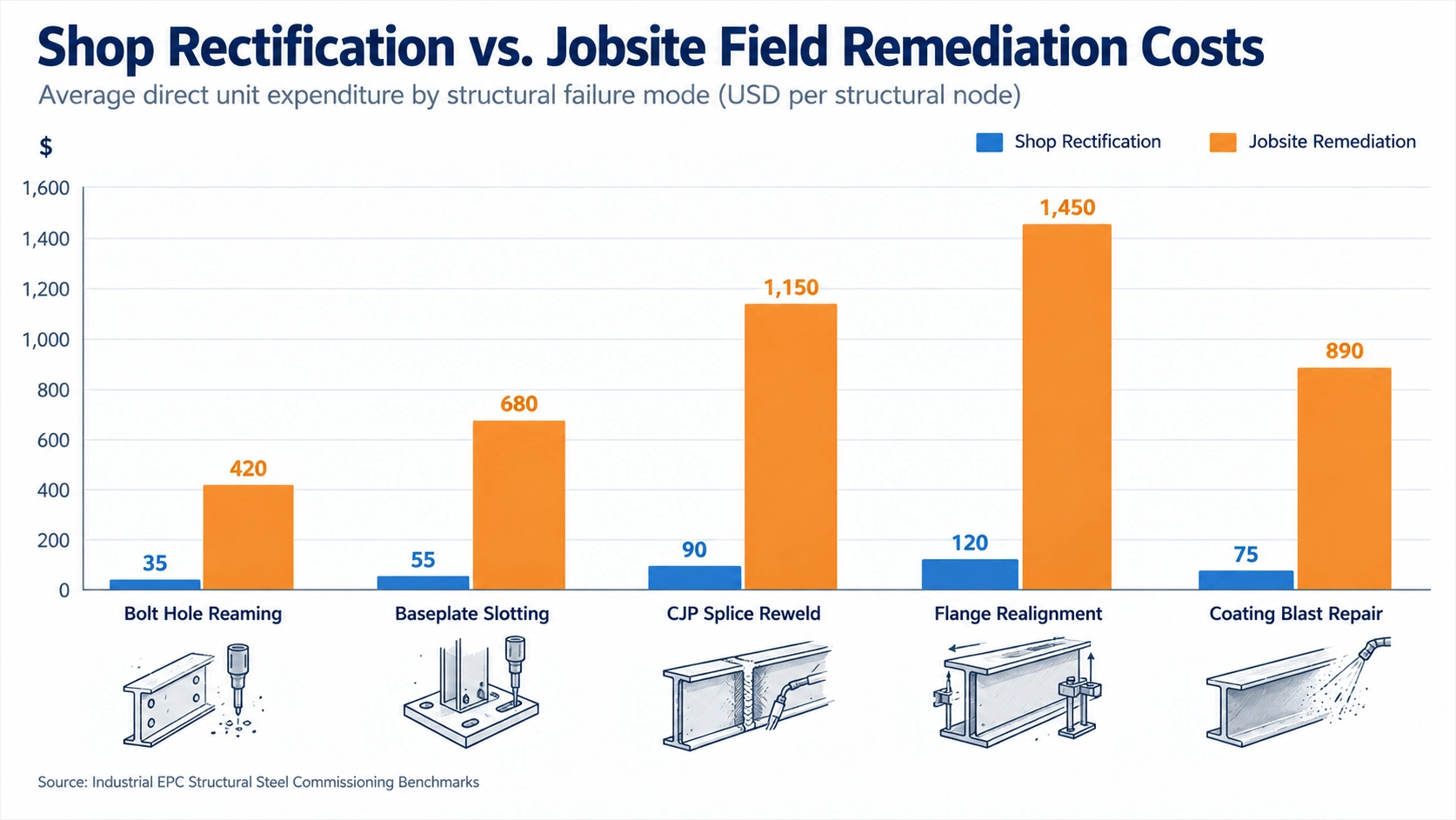 Grouped bar chart showing shop fabrication rectification costs versus jobsite field remediation costs across common structural defects.
