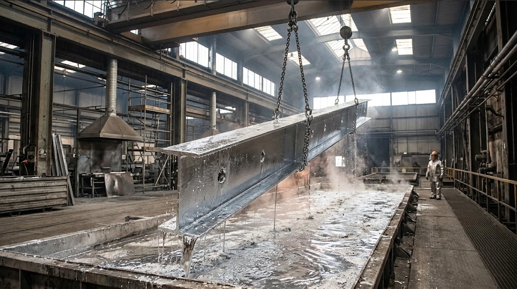 Large structural welded H-beam being withdrawn from a 450 degree molten zinc hot dip galvanizing kettle