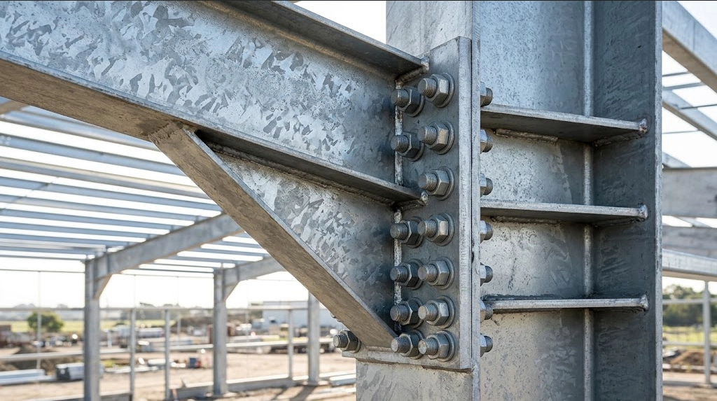 Heavy-duty moment-resisting haunch connection between galvanized steel column and tapered rafter with preloaded high-strength bolts