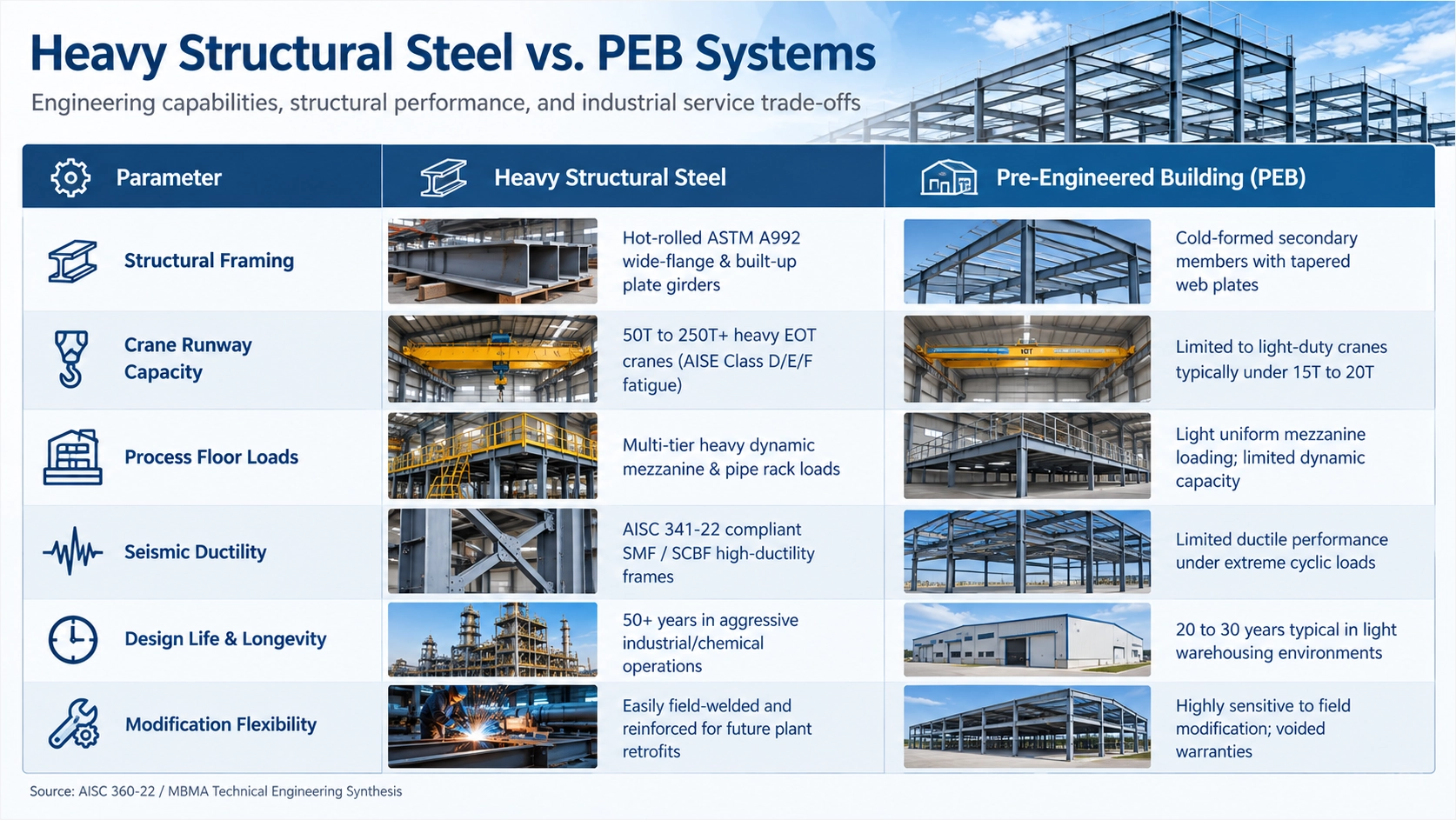 Technical comparison matrix between heavy structural rolled/built-up steel and pre-engineered buildings (PEB)