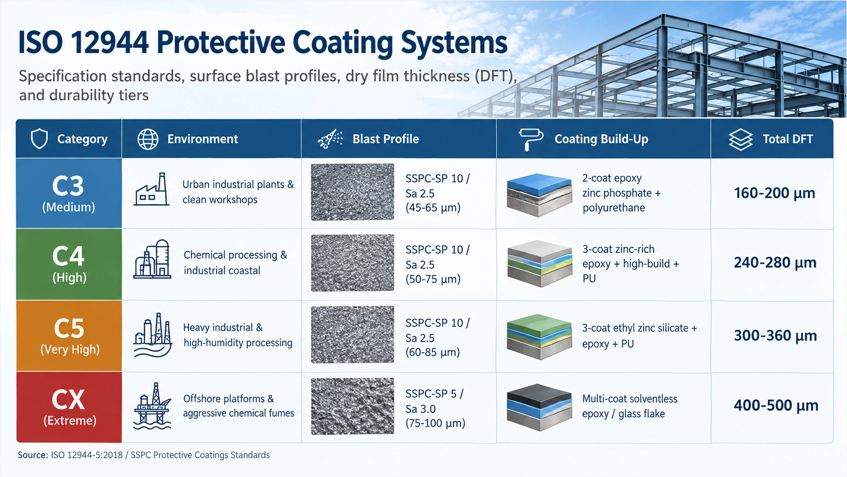 ISO 12944 industrial protective coating systems comparison for atmospheric corrosivity categories C3 through CX