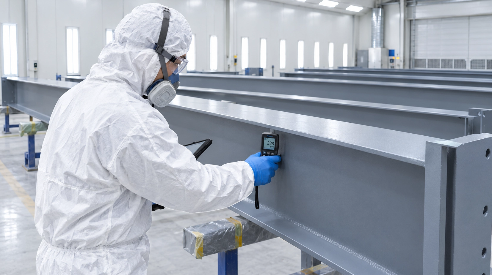 Quality technician inspecting paint dry film thickness on shot-blasted structural steel beams in a coating booth