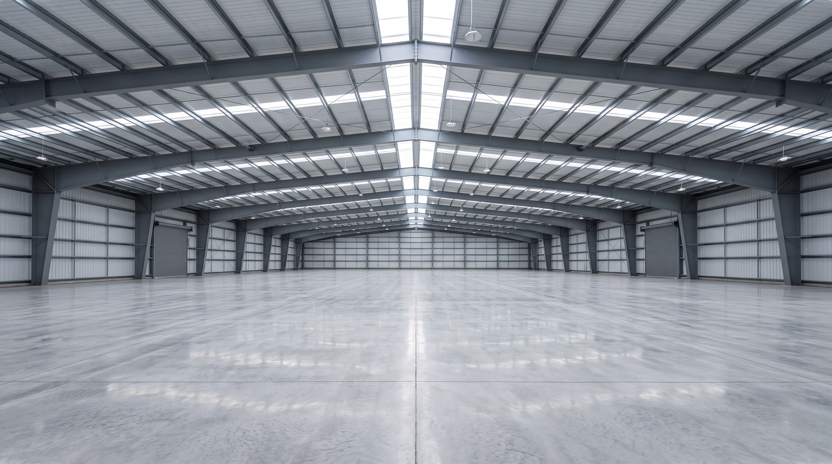 Expansive interior view of a newly erected clear-span PEB portal frame logistics warehouse with column-free floor plate