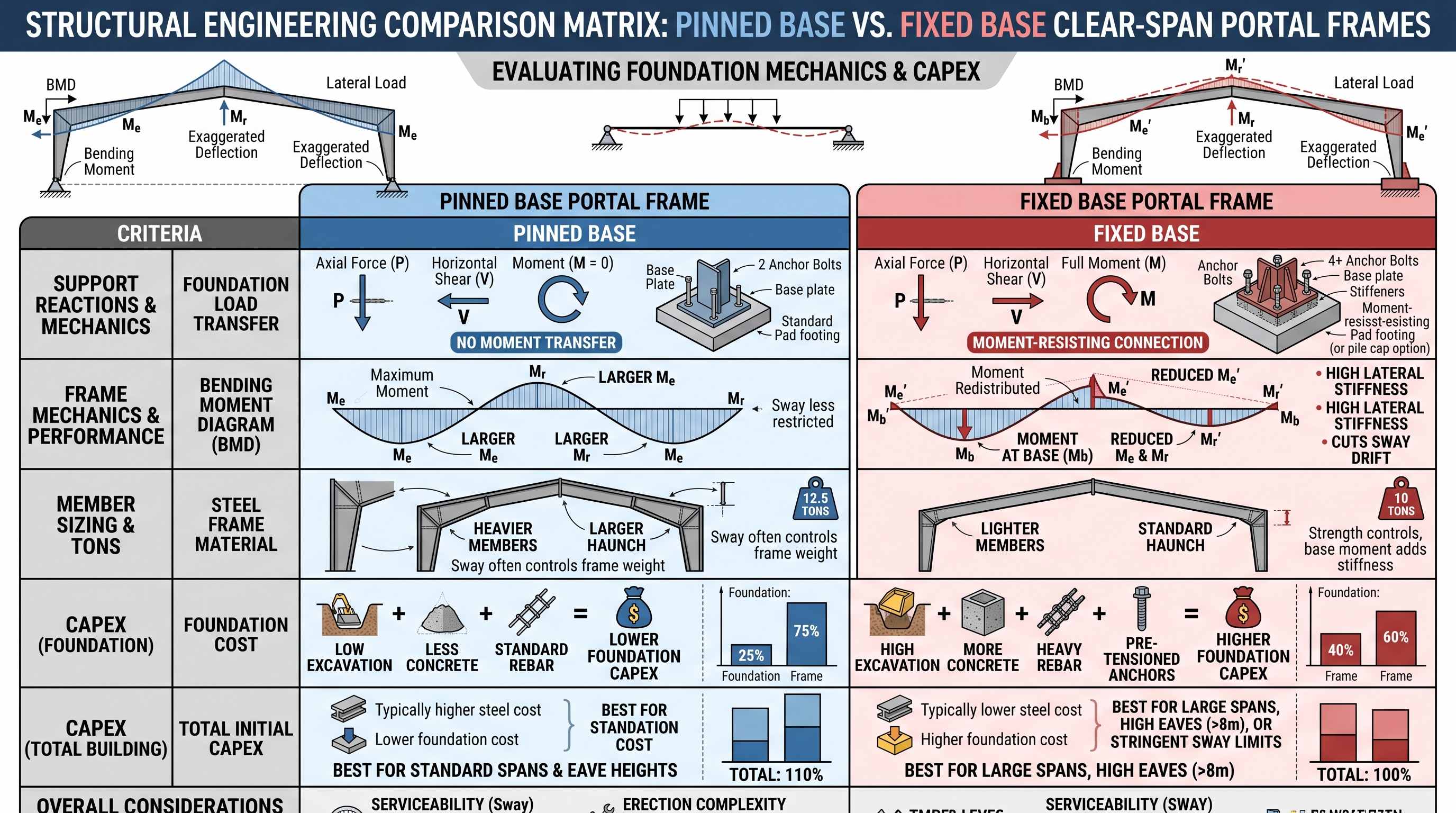 Structural engineering comparison matrix evaluating pinned base versus fixed base clear-span portal frame foundation mechanics and capex