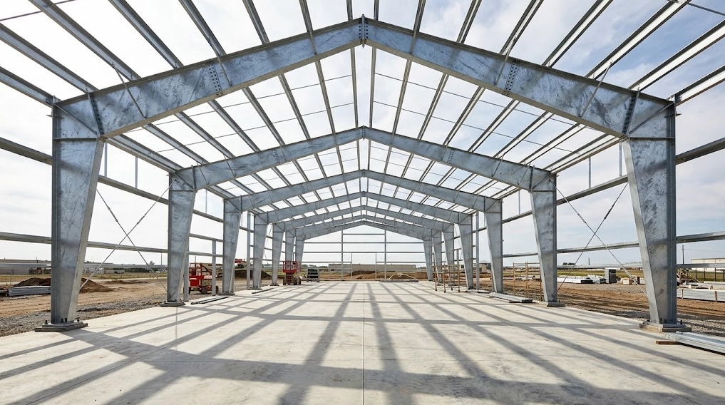 Engineering visualization of a galvanized clear-span portal frame steel structure showing tapered H-section rafter and column geometry