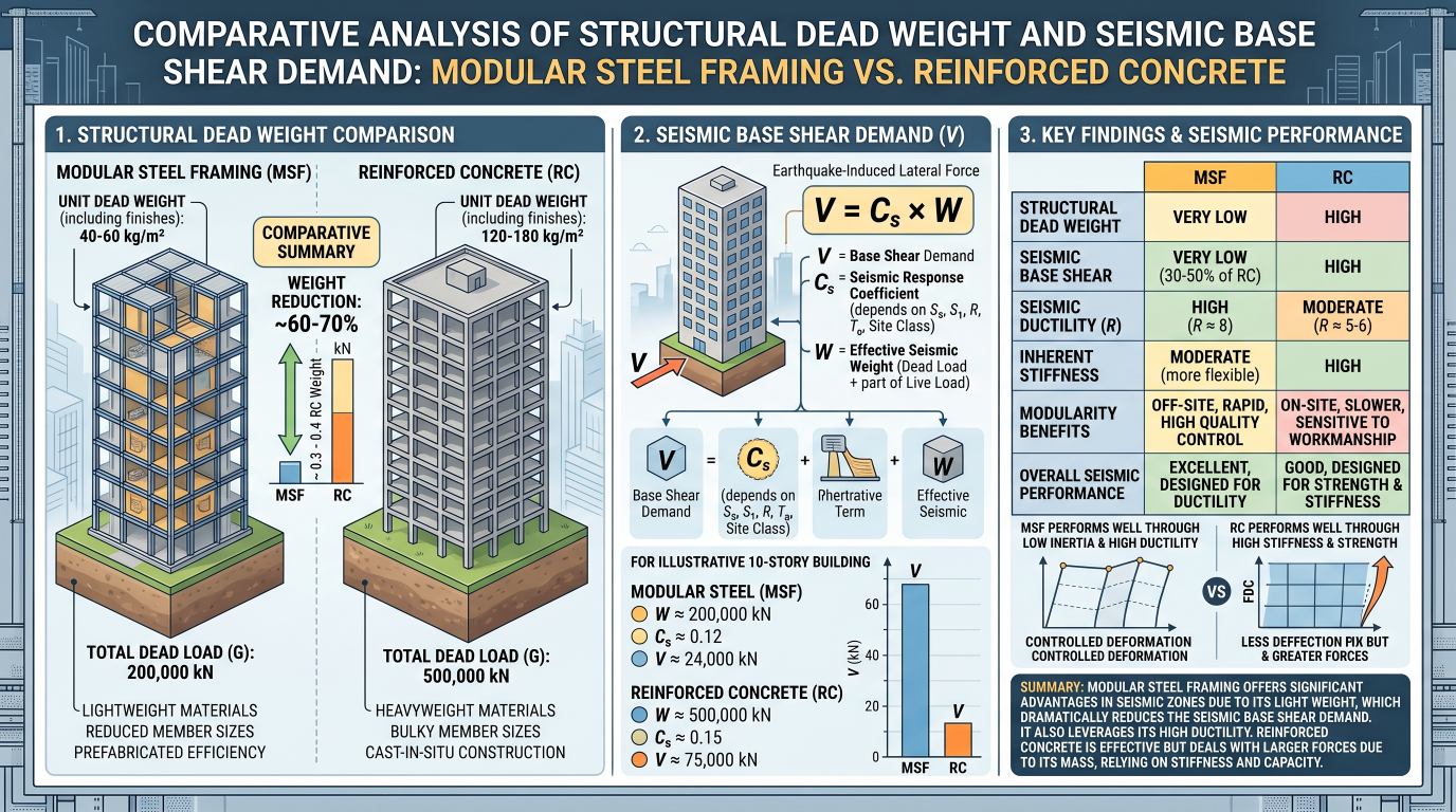 Comparative analysis of structural dead weight and resultant seismic base shear demand between modular steel framing and reinforced concrete