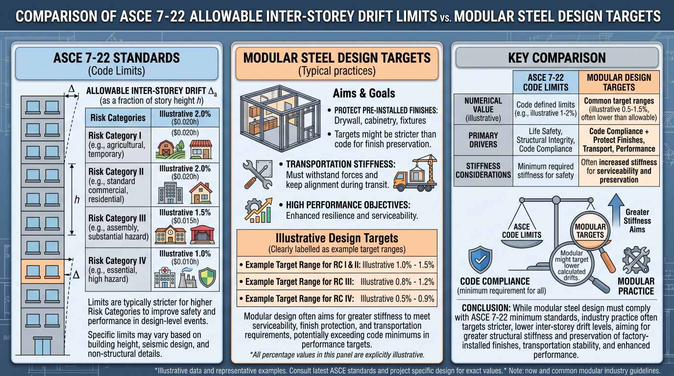 Comparison of ASCE 7-22 allowable inter-storey drift limits across building risk categories versus modular steel design targets