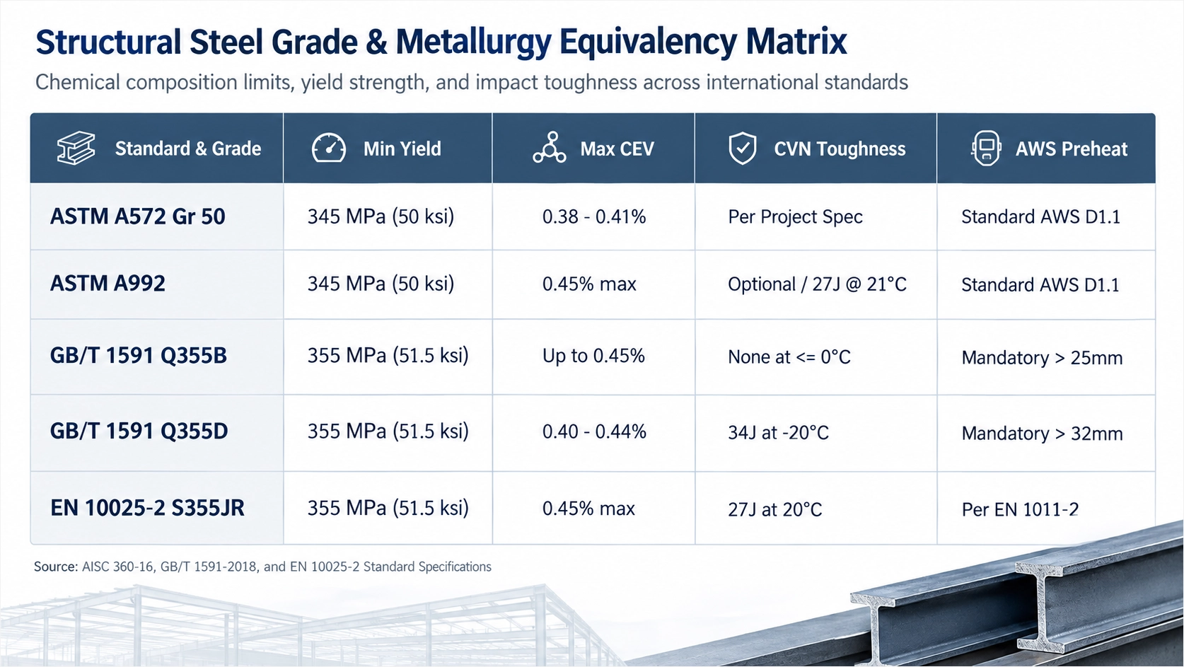 Technical comparison matrix detailing mechanical properties and carbon equivalent values across ASTM, GB, and EN steel grades.