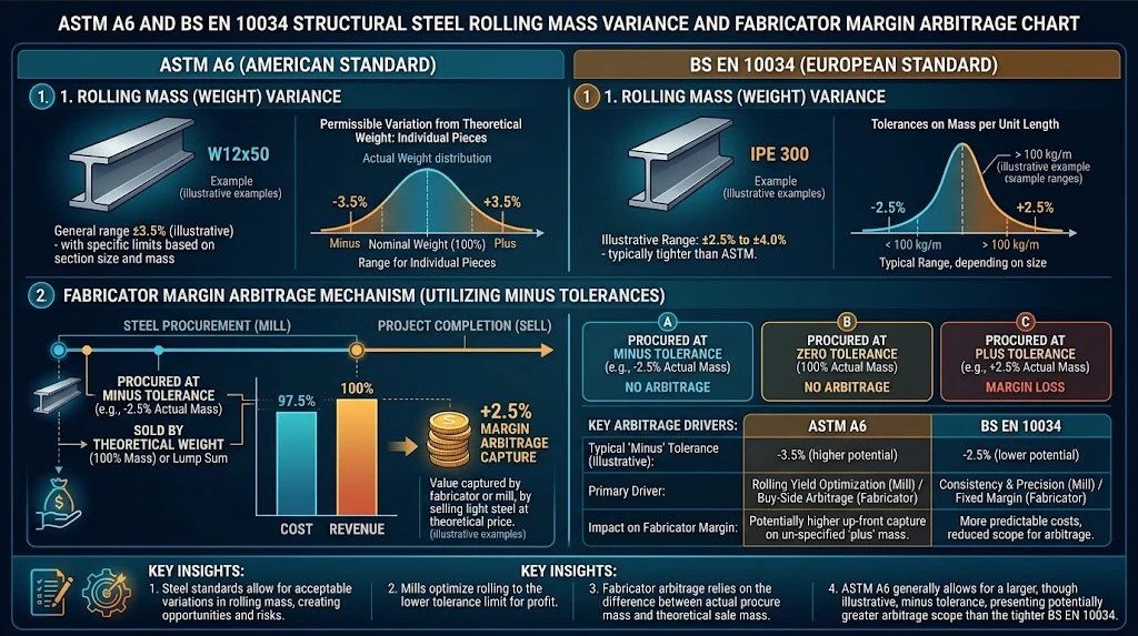 ASTM A6 and BS EN 10034 structural steel rolling mass variance and fabricator margin arbitrage chart