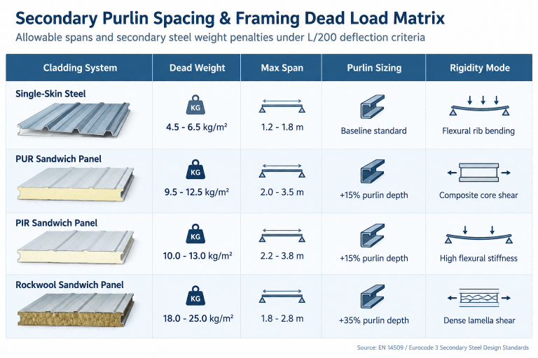 Comparison table of dead load weights, maximum allowable purlin spans, and secondary framing impact across industrial cladding systems