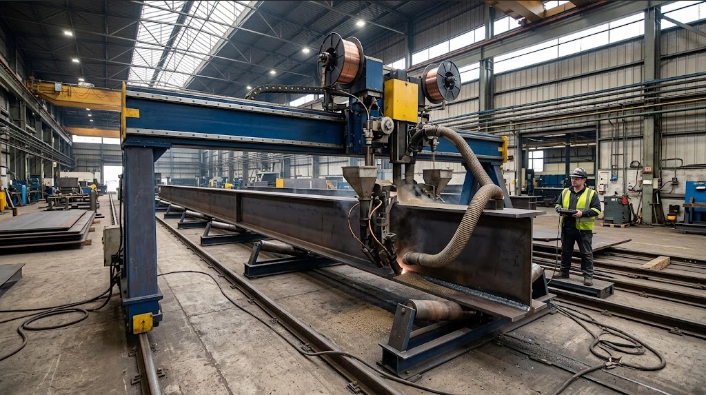 Automated twin-arc submerged arc welding machine fabricating a tapered structural steel plate girder in a manufacturing plant
