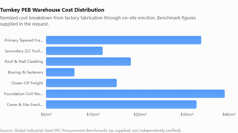 Turnkey cost breakdown per square meter for clear-span PEB portal frame warehouse procurement and erection